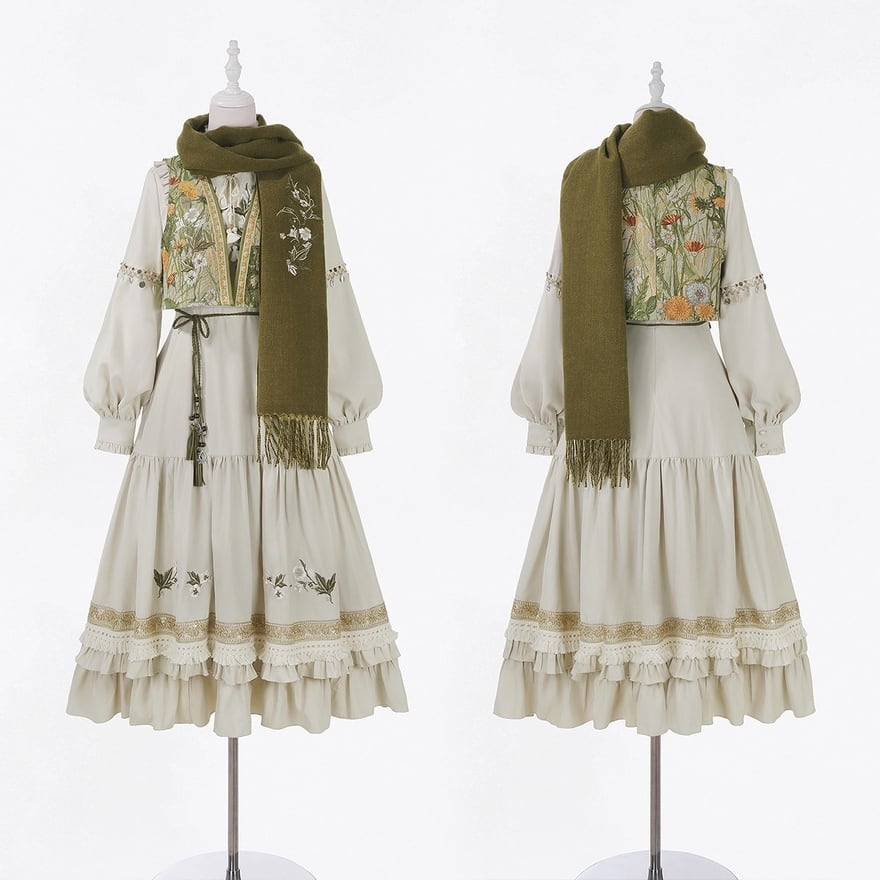 木陰の花便り 草花刺繍ベストとロングワンピースのクラロリ系3点セット