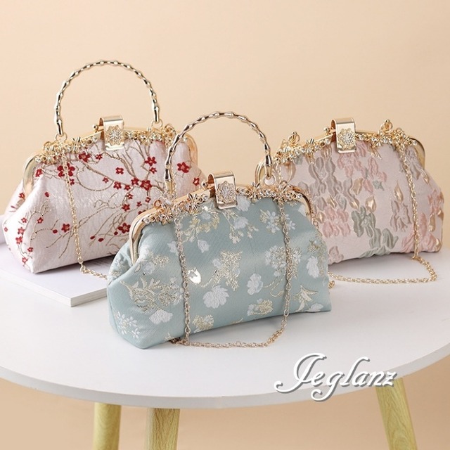 ジャガード織 刺繍 バック 3way メタル 持ち手付き ファンシー 4色（M8214）ξ