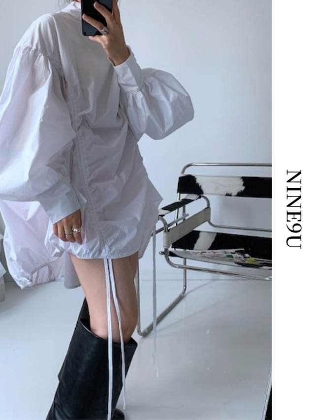 【即納商品】IRREGULAR pleated lantern sleeve shirt【NINE3708】