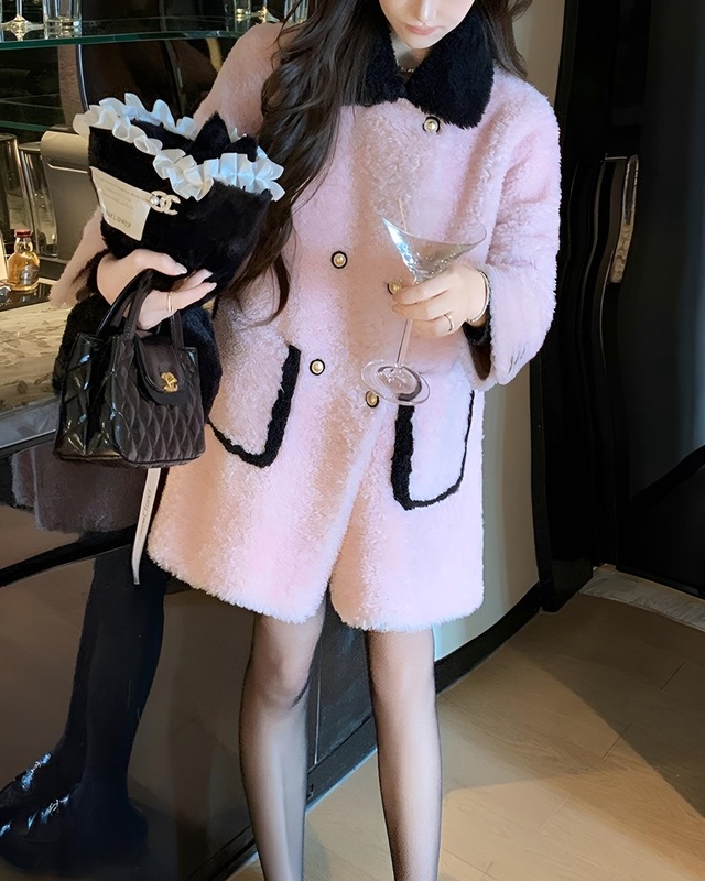 バイカラーピンクムートンコート　24W12054