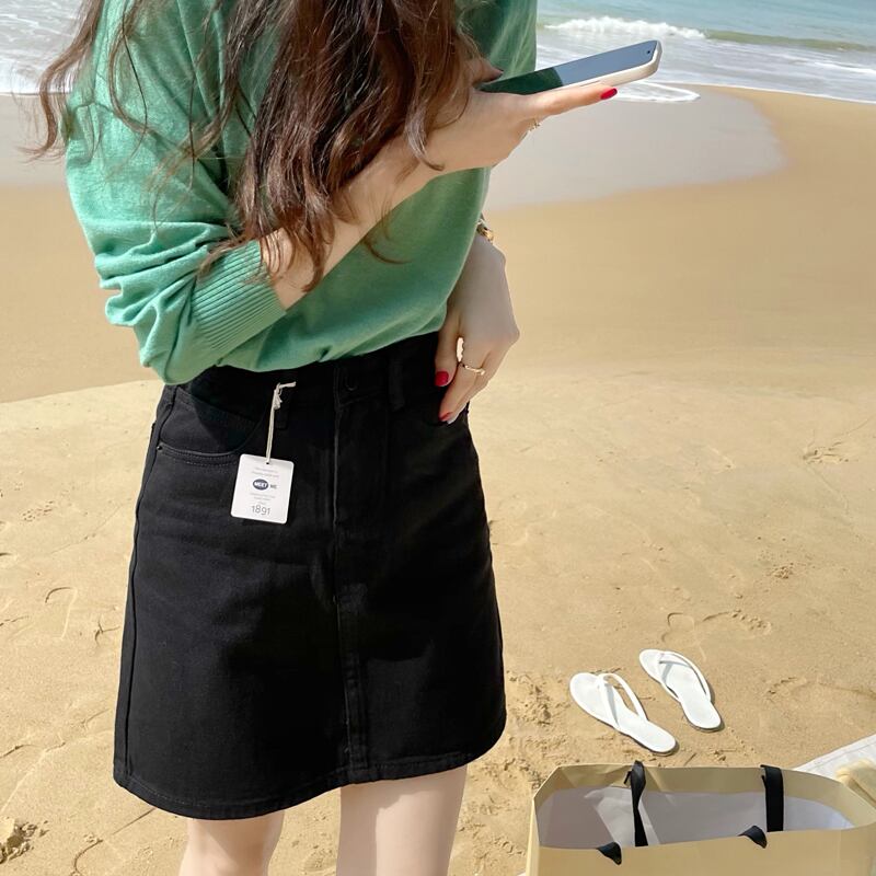薄手スカート ハイウェストウェストAラインブラックショート ビッグFスモールZ韓国77956365323