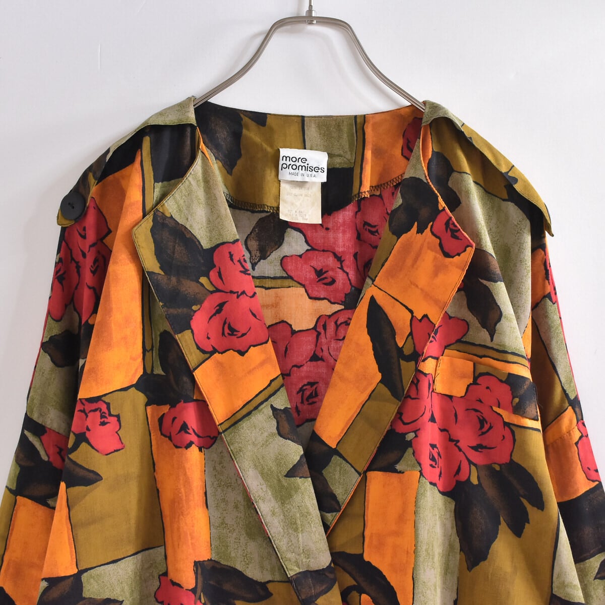 70~80s アメリカ製 more promises フラワーアート柄 ダブルブレスト ノーカラージャケット ヴィンテージ 総柄 ビンテージ レディースXXL~XXXL相当