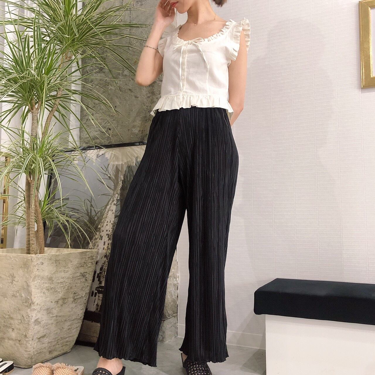 Shiny pleats pants /black(予約商品7月中旬発送予定)