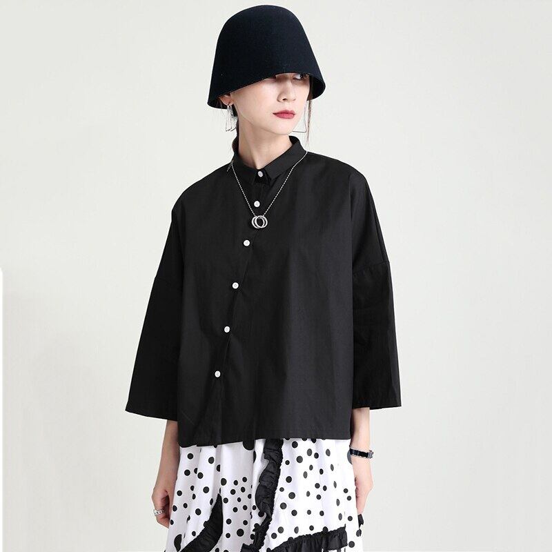 サブカル 服 地雷系 通販 シャツ 7分袖 斜めボタン留 大人きれいめ モード系 カジュアル 黒 白