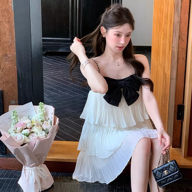 【dress】リボン付きティアードキャミワンピース Q8464