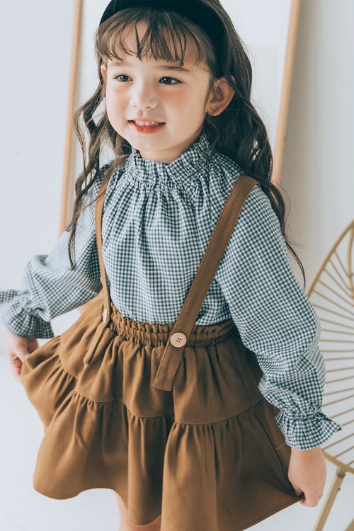 シャーリングフリルネックブラウス<Navy check>