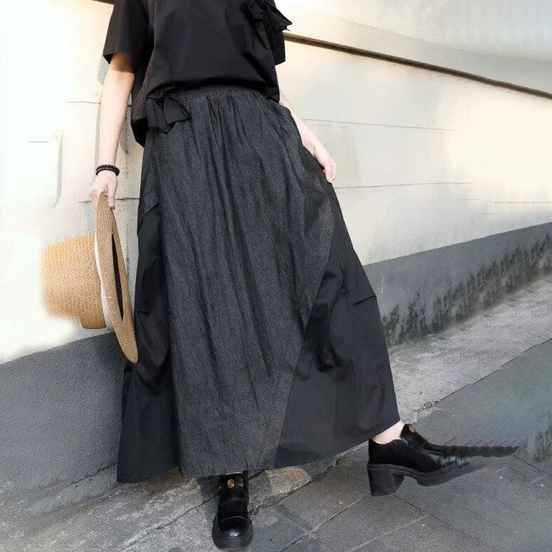 ELASTIC WAIST STITCH DESIGN LONG DENIM SKIRT 2colors M-16224