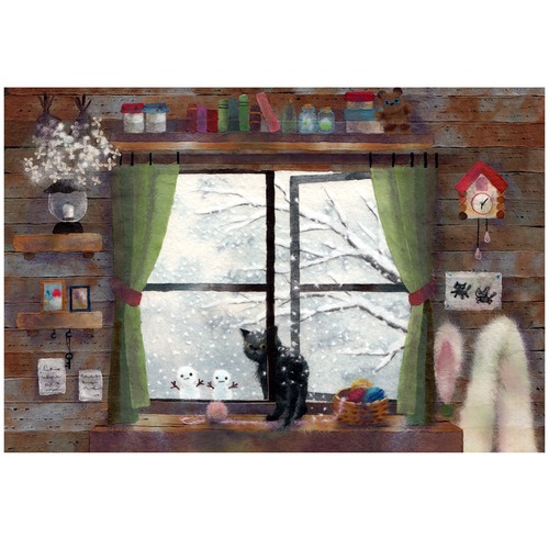 『呼んだ？』  窓辺の黒猫シリーズ冬　かわいいイラスト ポストカード