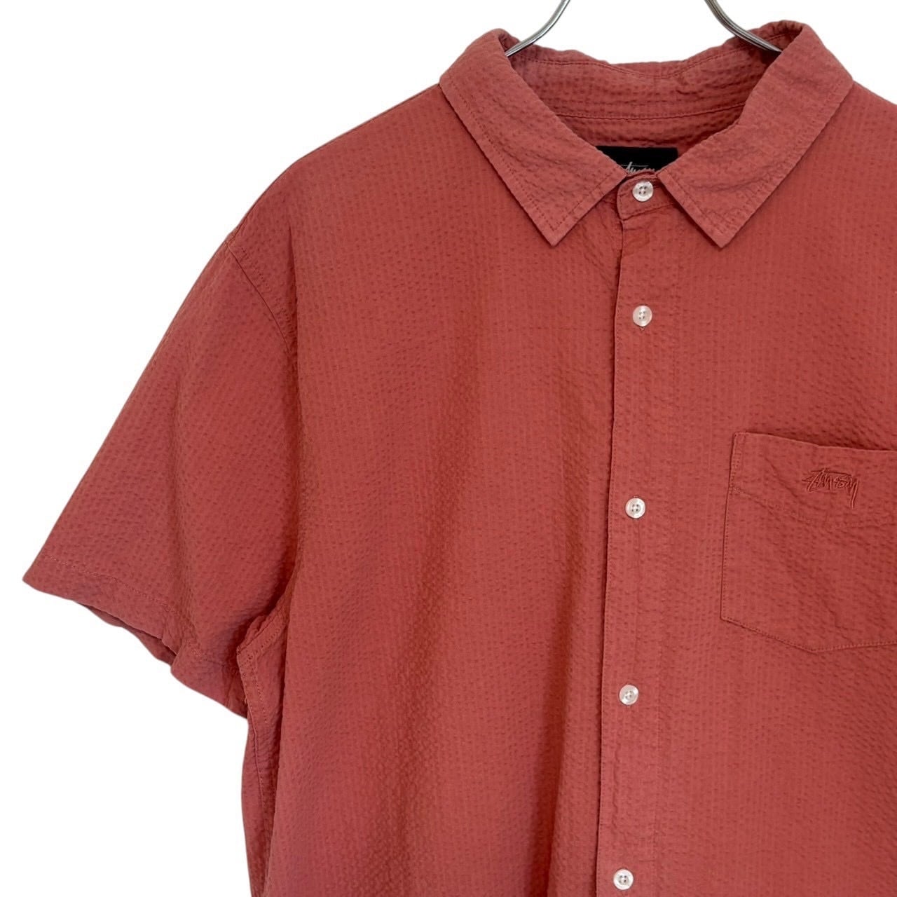 stussy ステューシー 半袖シャツ M シアサッカー 刺繍ロゴ ワン