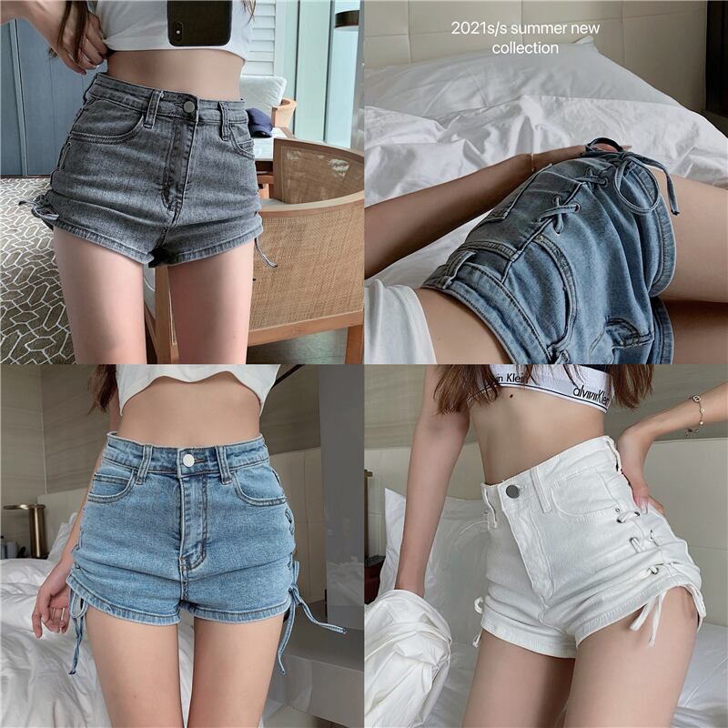 ギャザージーンズ サマー薄手パンツ Aラインショーツ ハイウェストウェストスリム 夏物 ブルマー ブラックストロベリース12495228823