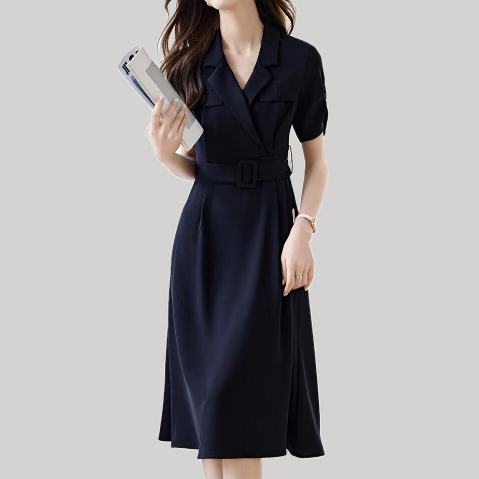 Navy color jacket style short sleeve dress with belt 00162