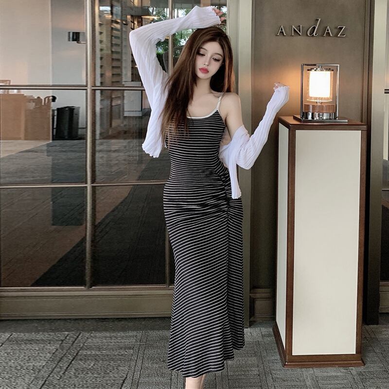 スタイル薄手セーター ストライプウェストドレス ロング ハンチェンe67612231055