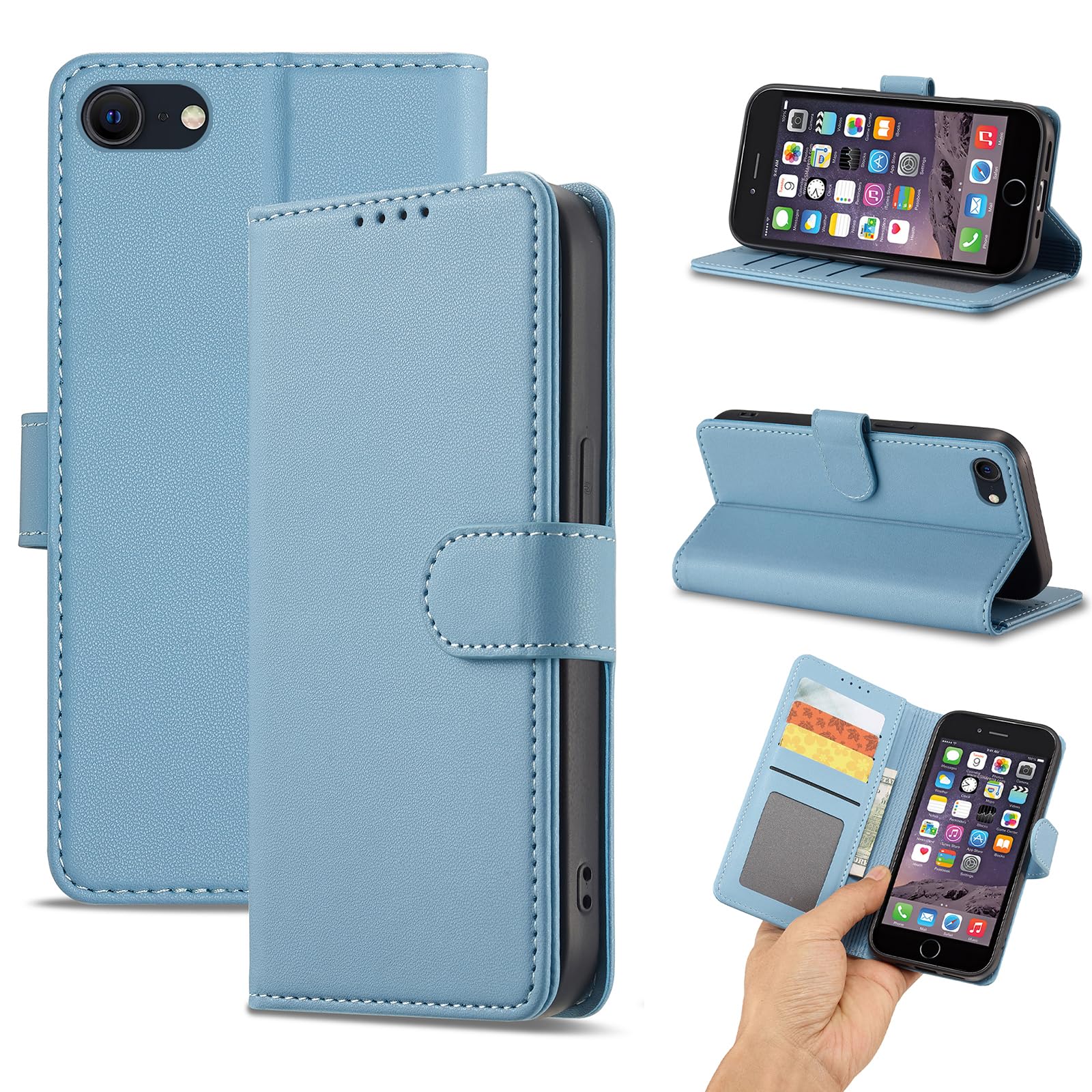 SHANGHAO iphone SE用 ケース 手帳型 上質レザー アイフォン SE用 ケース 耐衝撃 4枚のカードを収納(ライトブルー)