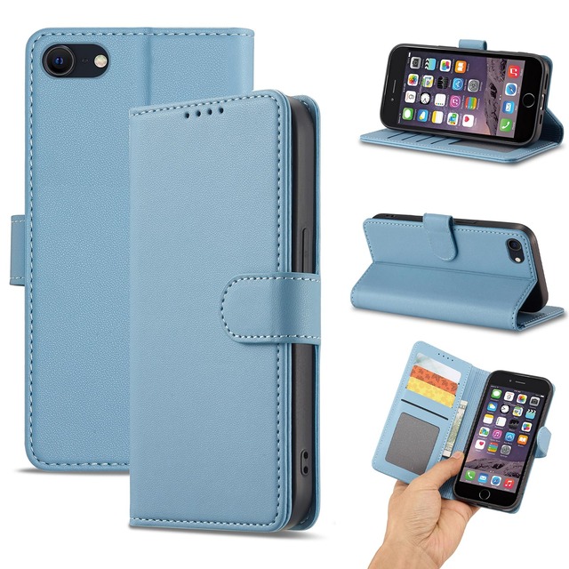 SHANGHAO iphone SE用 ケース 手帳型 上質レザー アイフォン SE用 ケース 耐衝撃 4枚のカードを収納(ライトブルー)