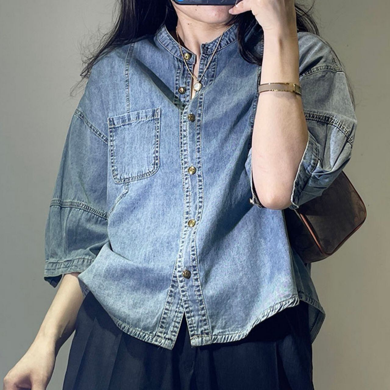 ボタンダウン 七分袖 デニムシャツ Ln00144