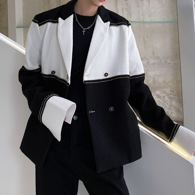 韓国風　バイカラー　ツイードジャケット　A2083