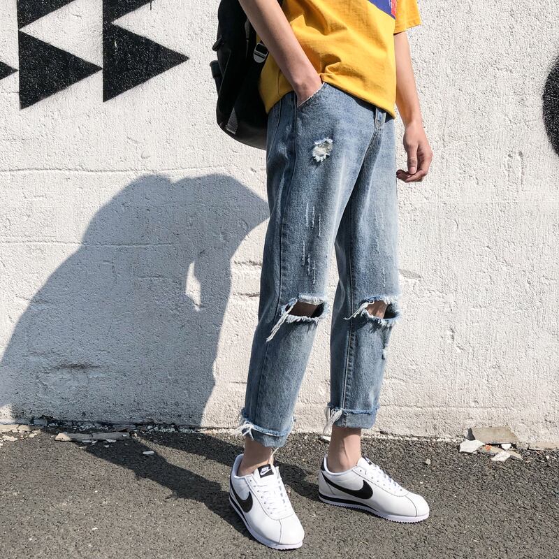 全1色 デニム パンツ ストレート カジュアル ダメージ 無地