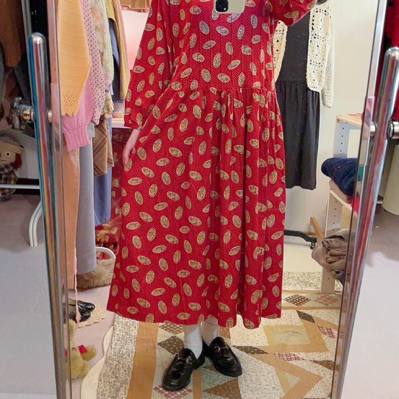 red paisley dot back button one-piece