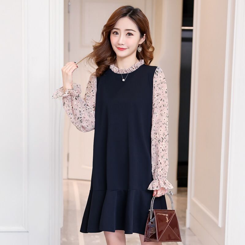 【新作】【送料無料】 マタニティウェア2020秋と冬の新しいフローラルフェイクツーピーストランペットスリーブドレス、年齢を減らすミドルレングスのマタニティドレス-アリババ オータム 秋物 ウィンター 冬物 花柄 expec279870483567