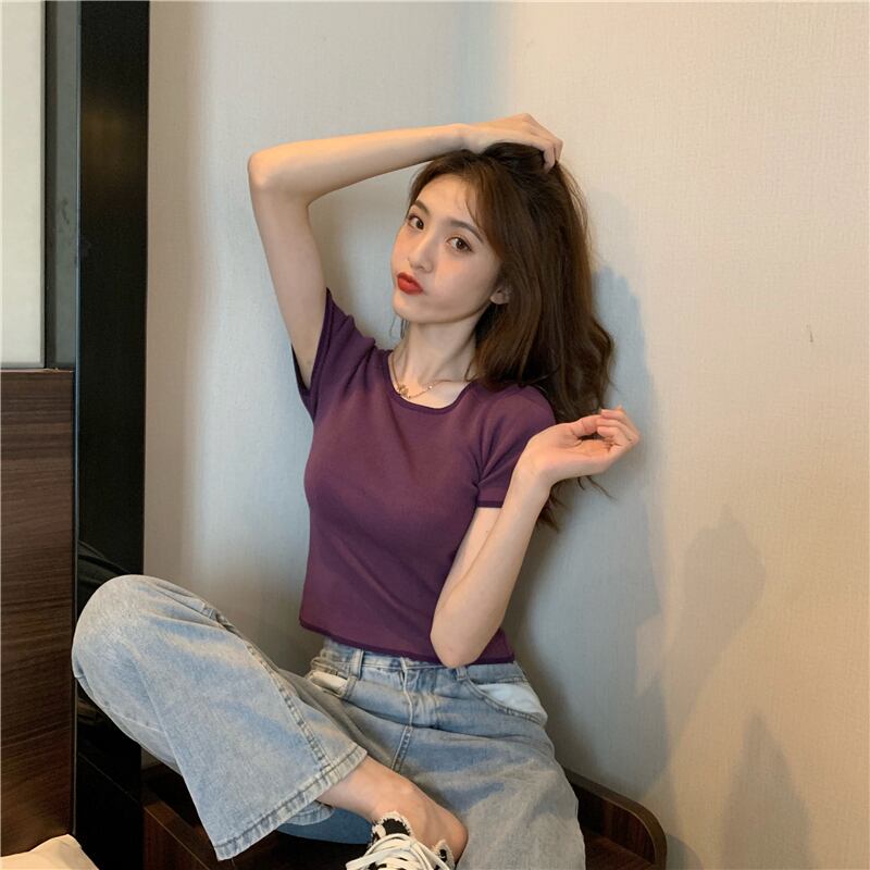 サマースタンダード薄手カラーラウンドネックセーター Tシャツ トップス レトロ 夏物 Oネック ドラファッションホール24442322097