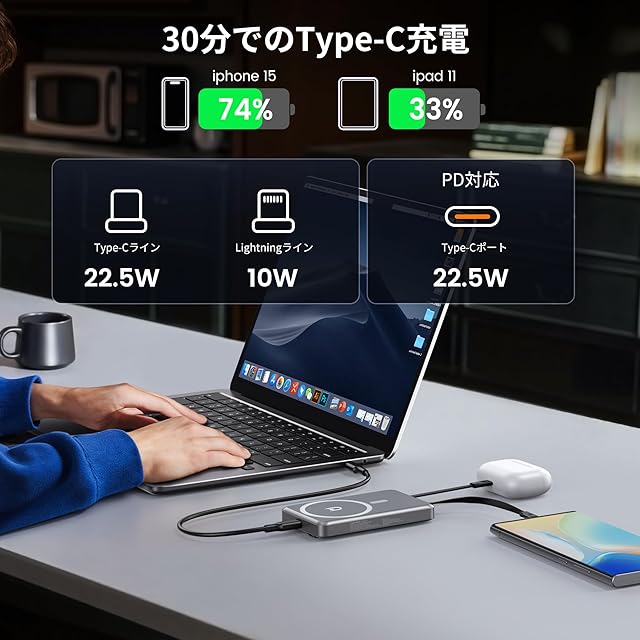 Magsafe対応モバイルバッテリー 16800mAh 大容量【ケーブル内蔵・4台