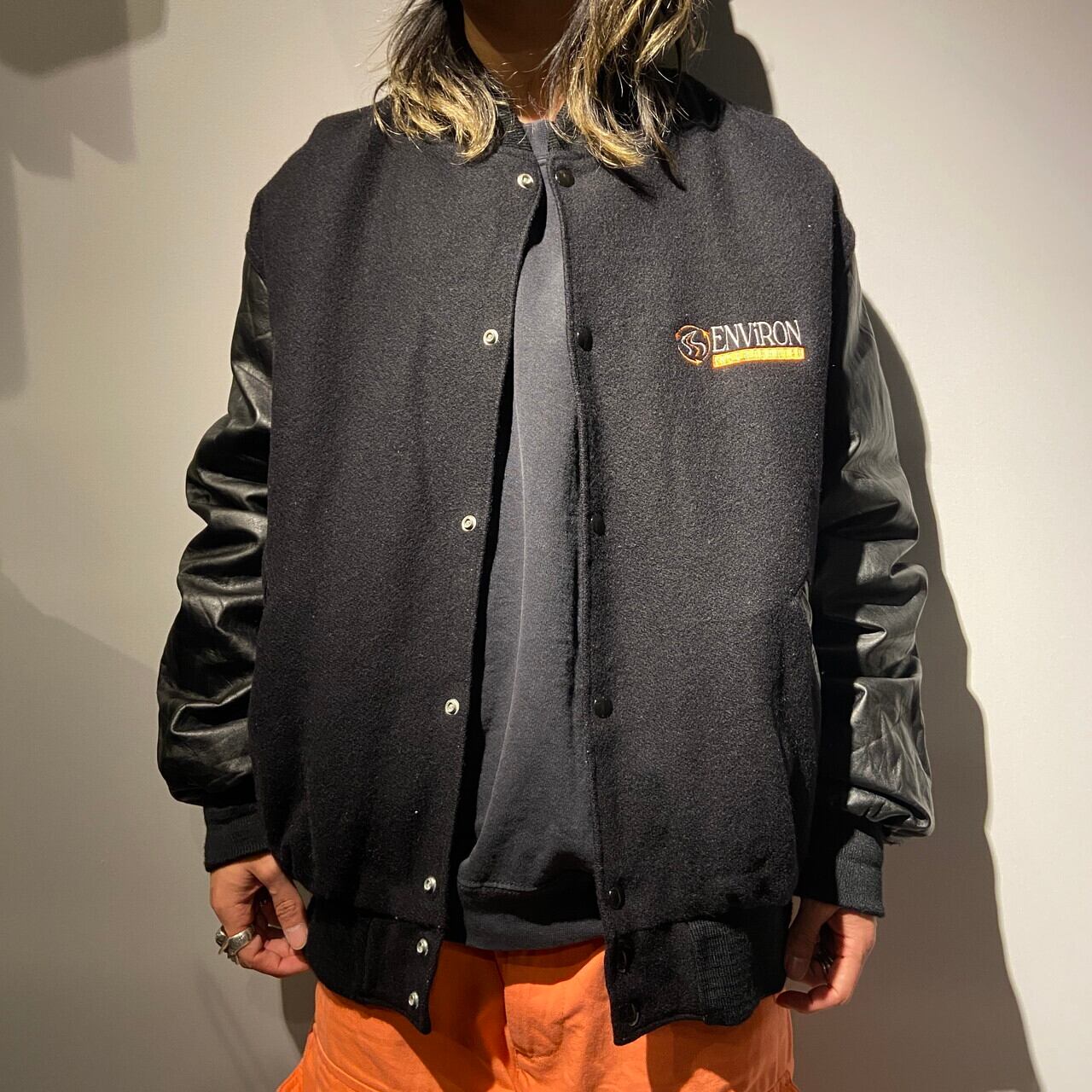 80年代 USA製 Holloway 企業ロゴ刺繍 袖レザー ウールスタジャン  