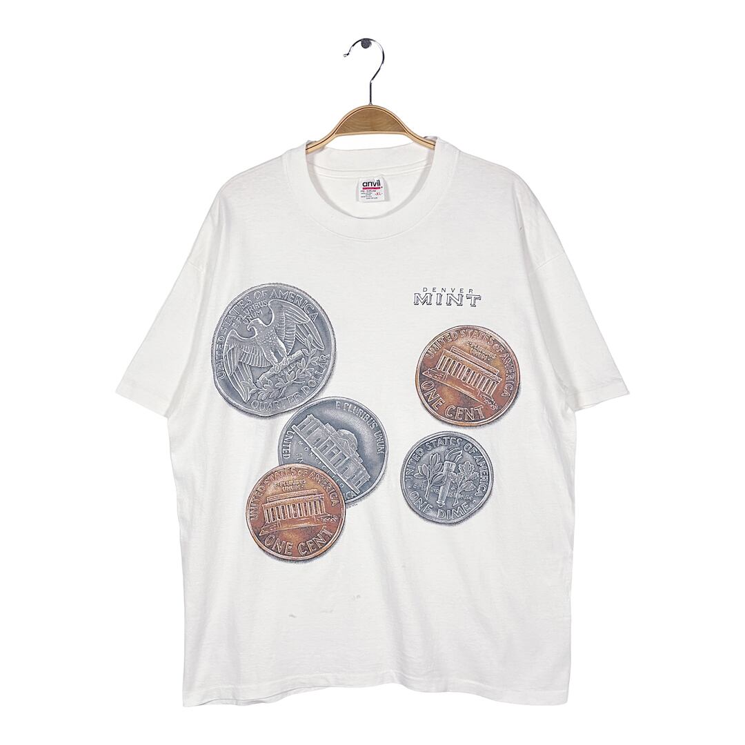 90s アメリカ デンバー造幣局 USA製 ヴィンテージ Tシャツ DENVER MINT コイン ホワイト シングルステッチ ANVIL アンヴィル サイズXL BZ0690