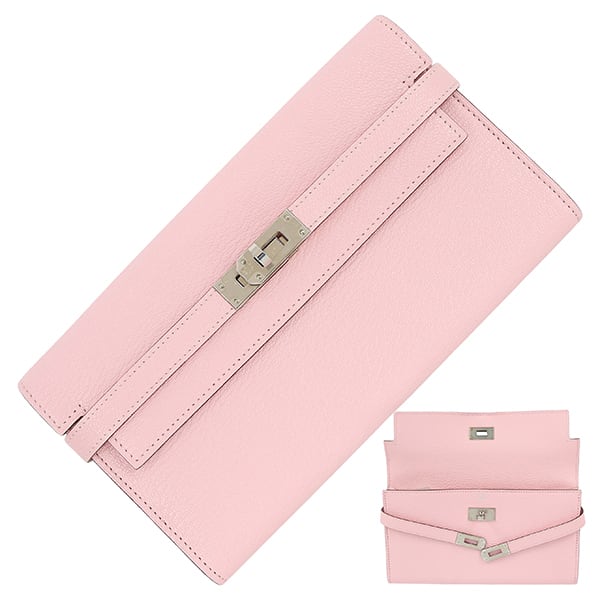 Unused HERMES エルメス 長財布 ケリーウォレット ロング シェーブル ローズサクラ シルバー金具 未使用品
