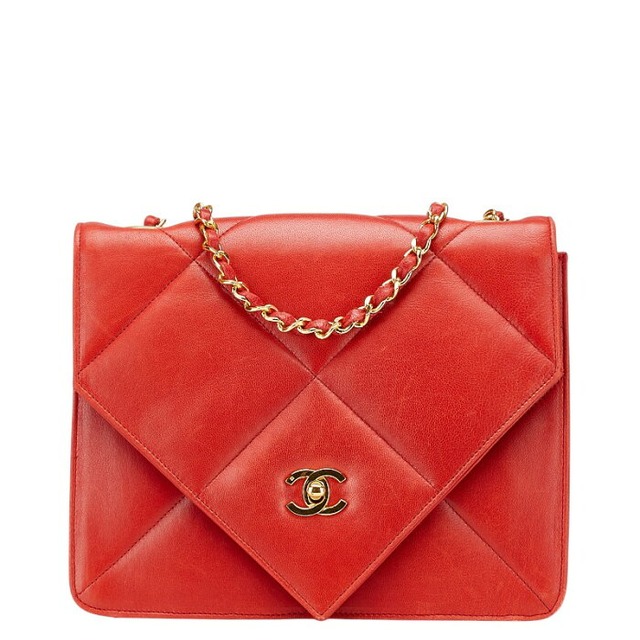 シャネル マトラッセ ココマーク チェーン ショルダーバッグ レッド ラムスキン レディース CHANEL 【中古】