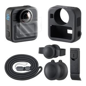 【努力特価】HSU ブラック シリコン保護キット GoPro Max2用 交換式バッテリーサイドカバー レンズカバー スクリーンプロテクター 調節可能ストラップ付 | 専用設計 アクションカメラ アクセサリーキット セット