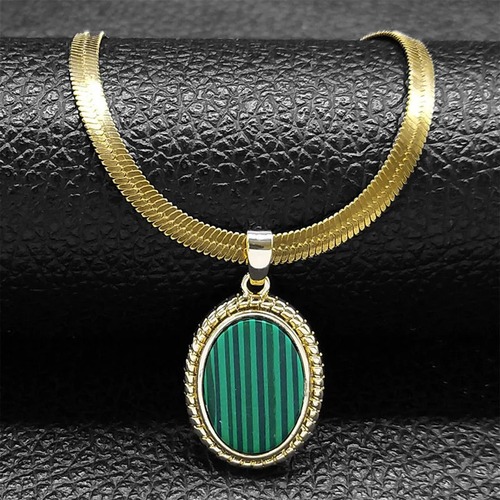 ペンダント ネックレス  動物 アニマル ステンレス フランス オバール チェーン ストーン レディース スタイル マラカイト 自然