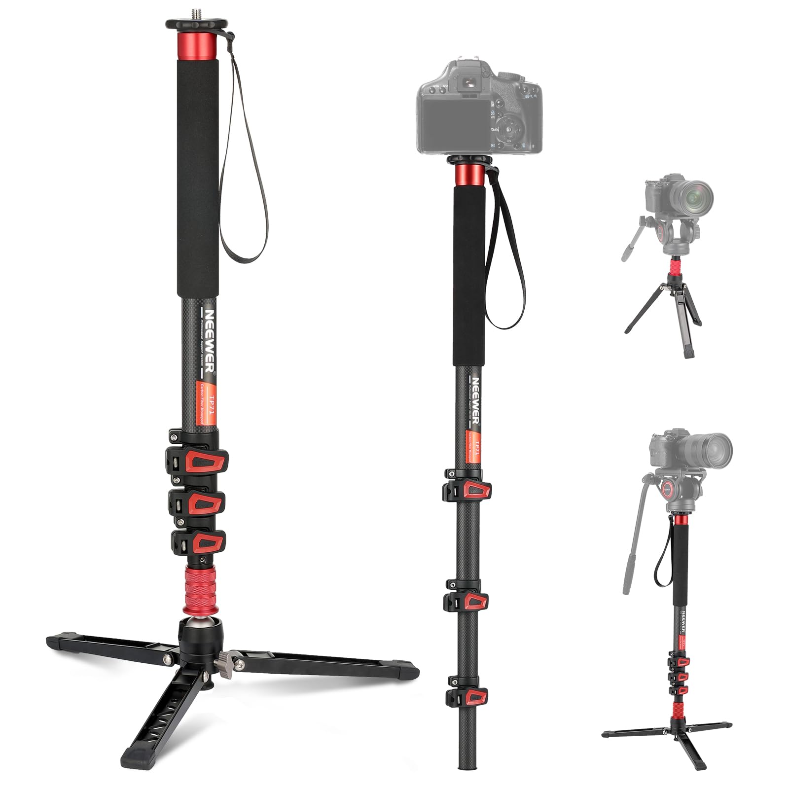 【新着特価】NEEWER 172cm カメラ一脚スタンド 炭素繊維 軽量 ビデオ一脚 旅行用三脚 着脱式カメラ用ベース付き 伸縮式 自撮り棒 トレッキングポール DSLRビデオカメラ/ビデオ録画用 最大荷重6Kg TP71