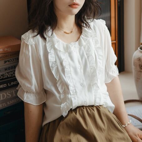 フリルネック パフスリーブ ハーフスリーブブラウス 00449