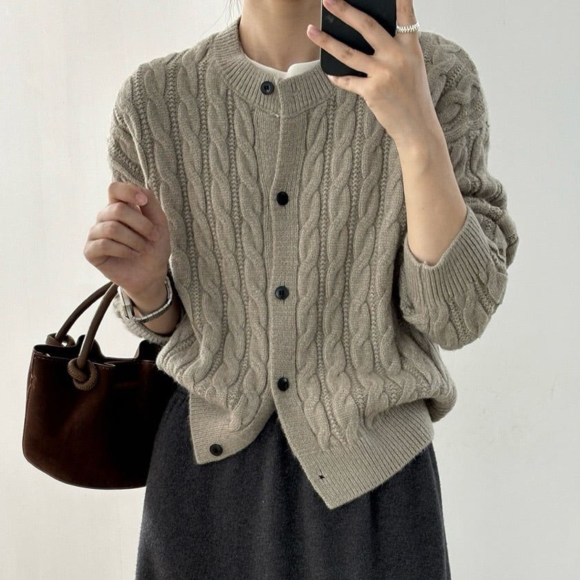 cable knit crew neck cardigan m0017