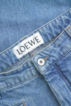 "LOEWE" Blue Cotton Denim Trousers with Cow Leather Patch & White Cuffs
