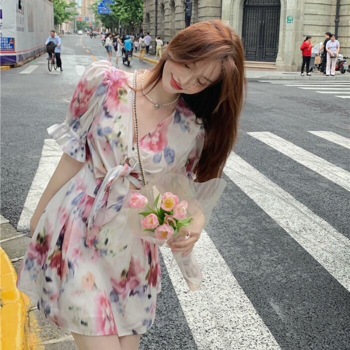 Vネックフローラルスカート サマードレス ウェストスリーブ 夏物 花柄 ドラファッションホール50574066963