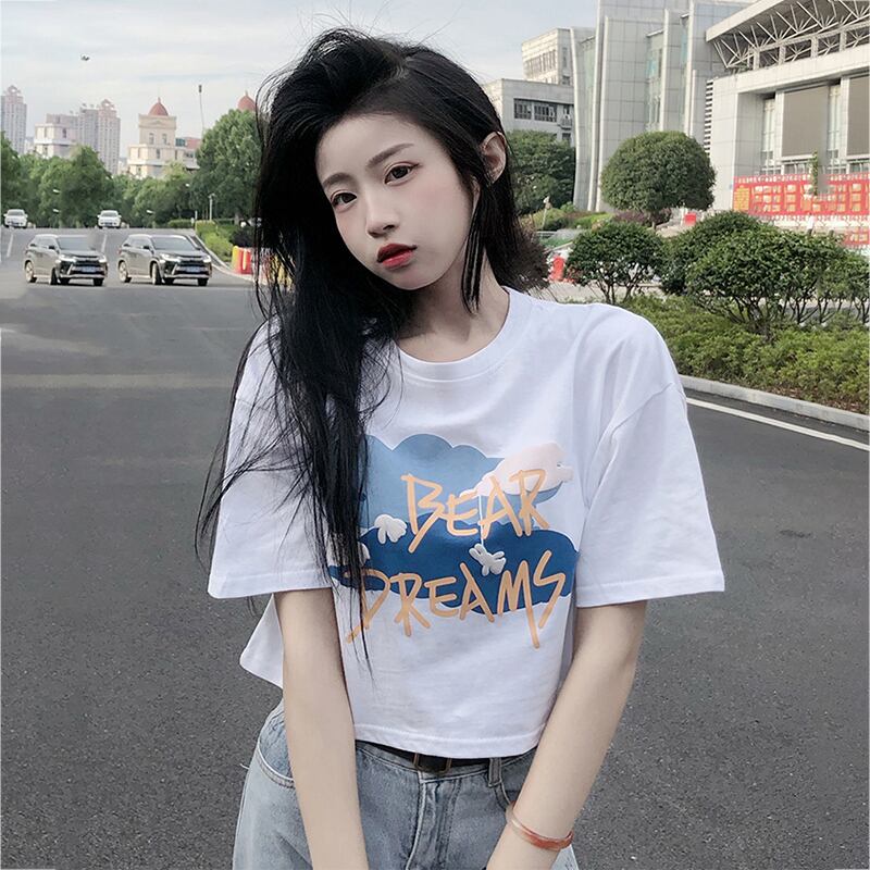 Tシャツ プリント柄ショートサマー薄手ルーズトップス 大人ガーリー スウィート キュート カジュアル 夏物 萌量不足14741832882