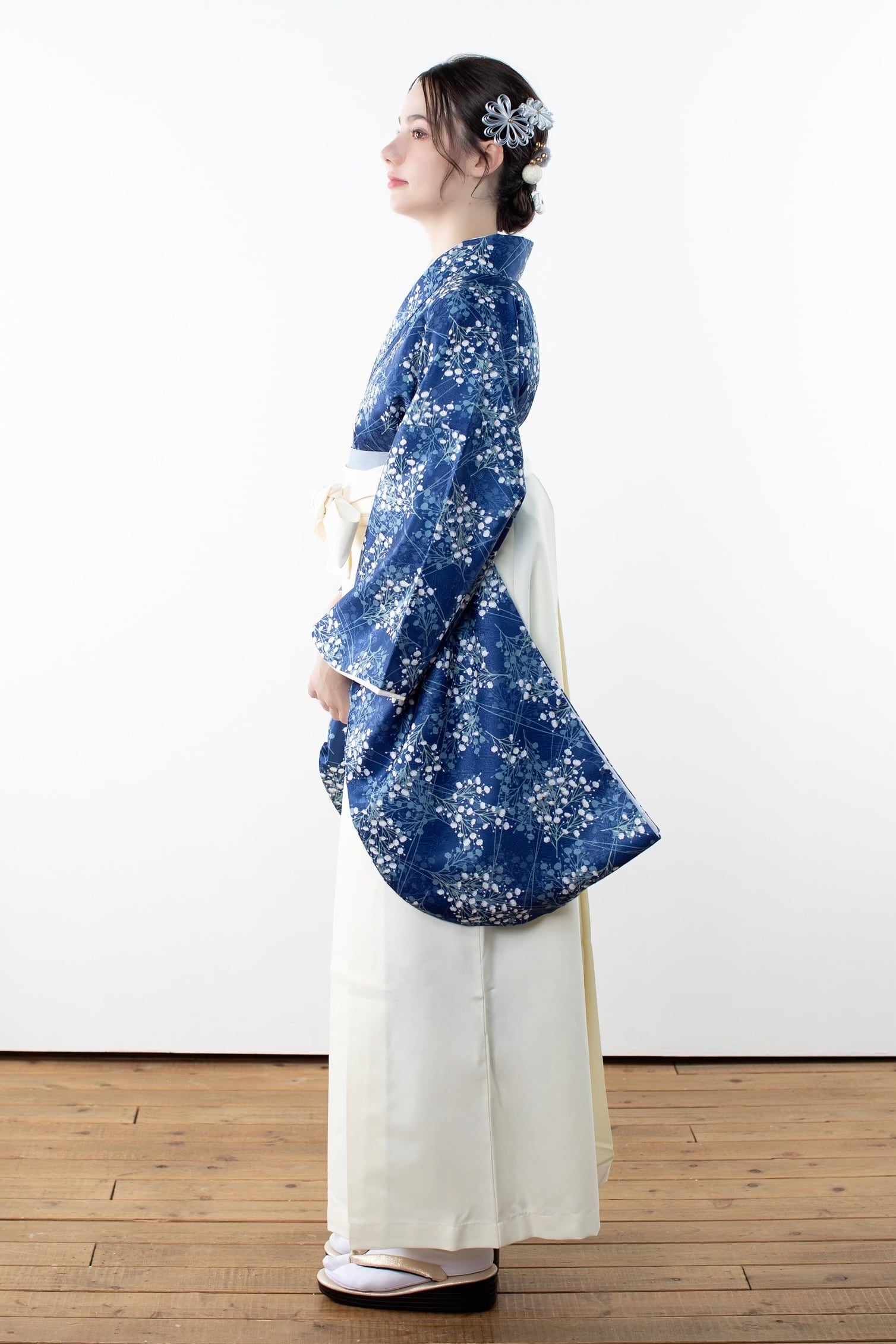 Kimono Sienne 卒業式袴3点セット 袴 二尺袖着物 青 ブルー 紺 袴 卒業