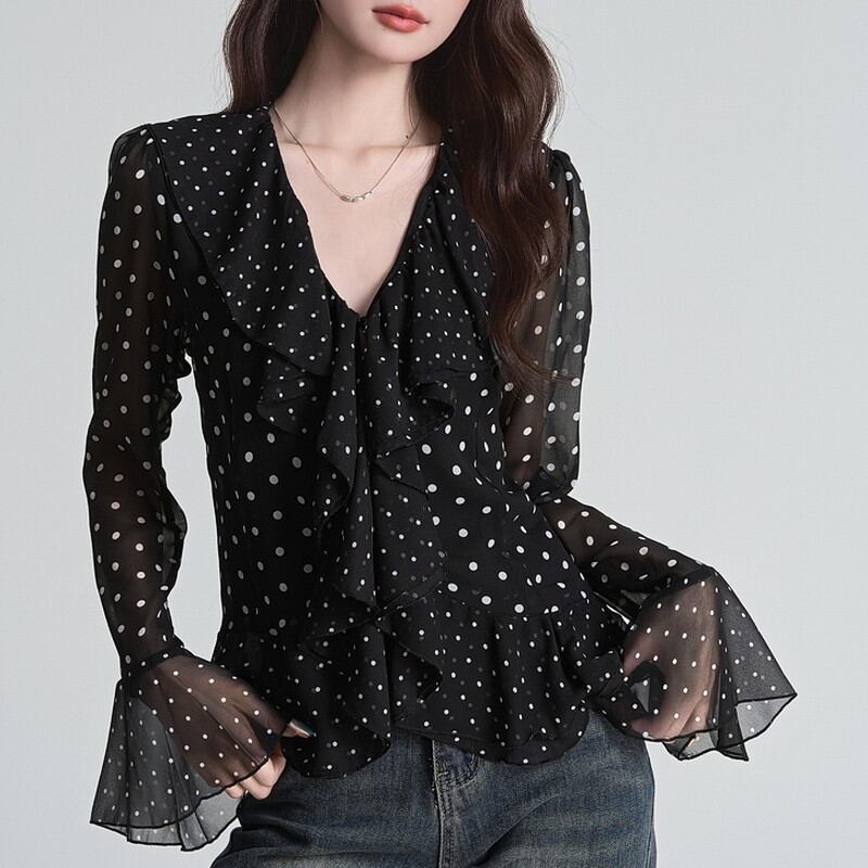 dot sheer candy-sleeve v-neck blouse m1192