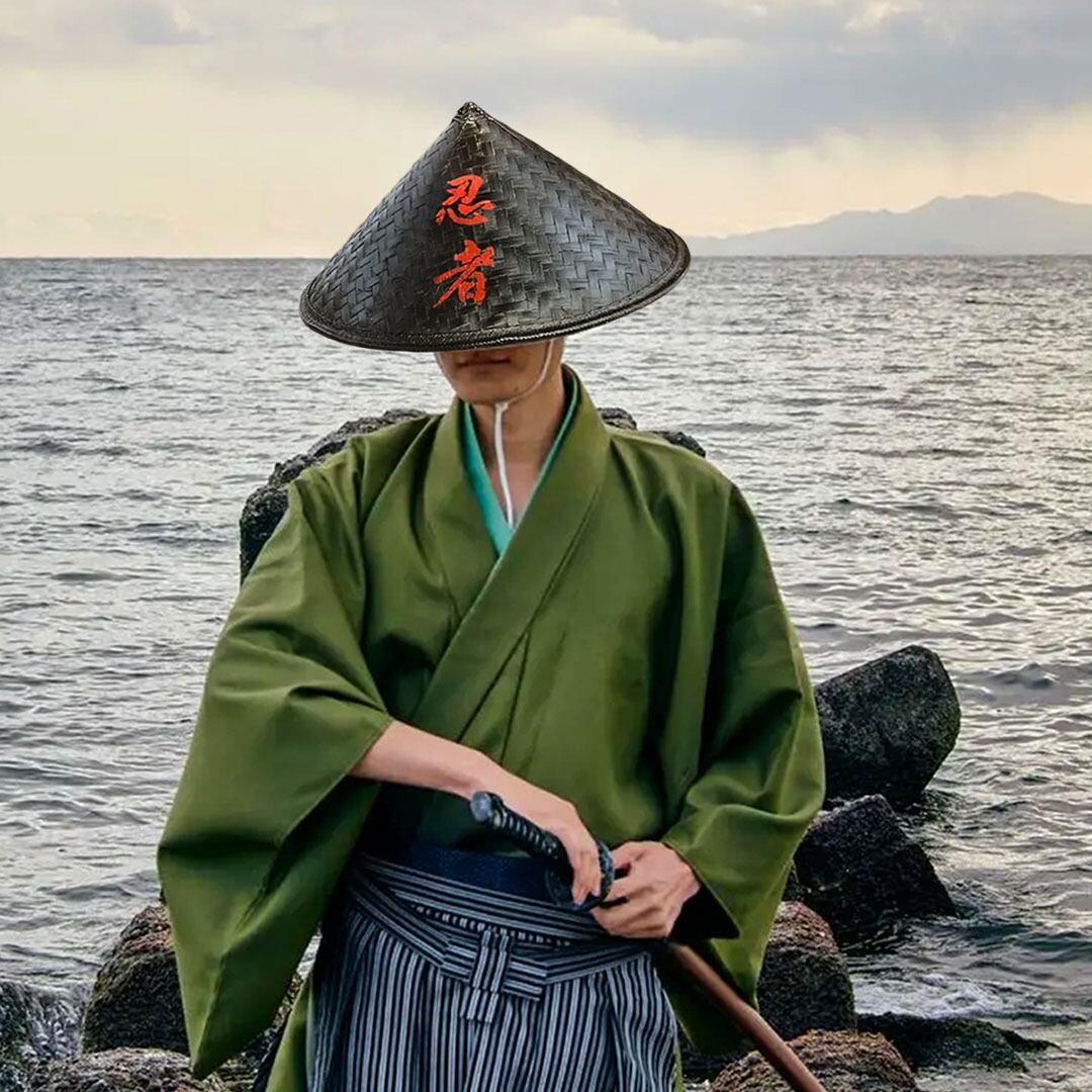 帽子 竹笠 忍黒蓮 - 忍者風 竹製 黒笠 雨よけ 撥水加工 軽量 忍 侍 笠