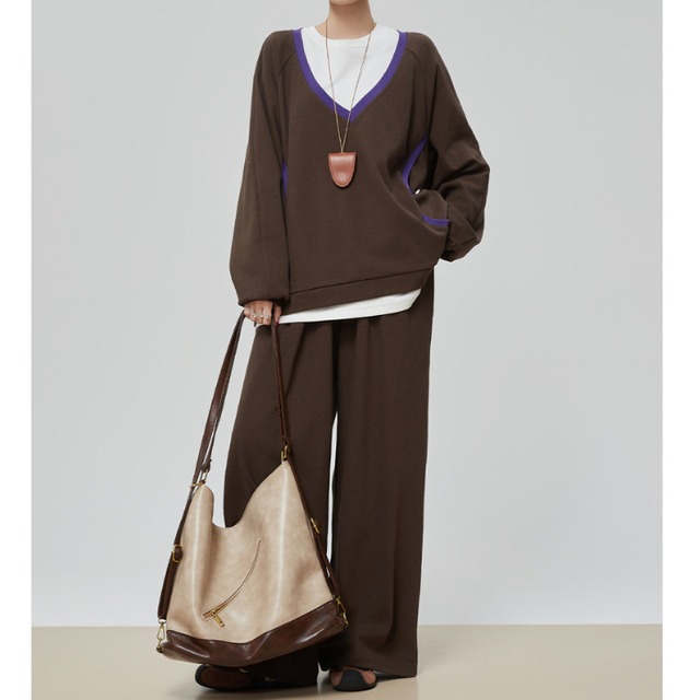 バイカラーＶネックスウェットセットアップ［S-XL］