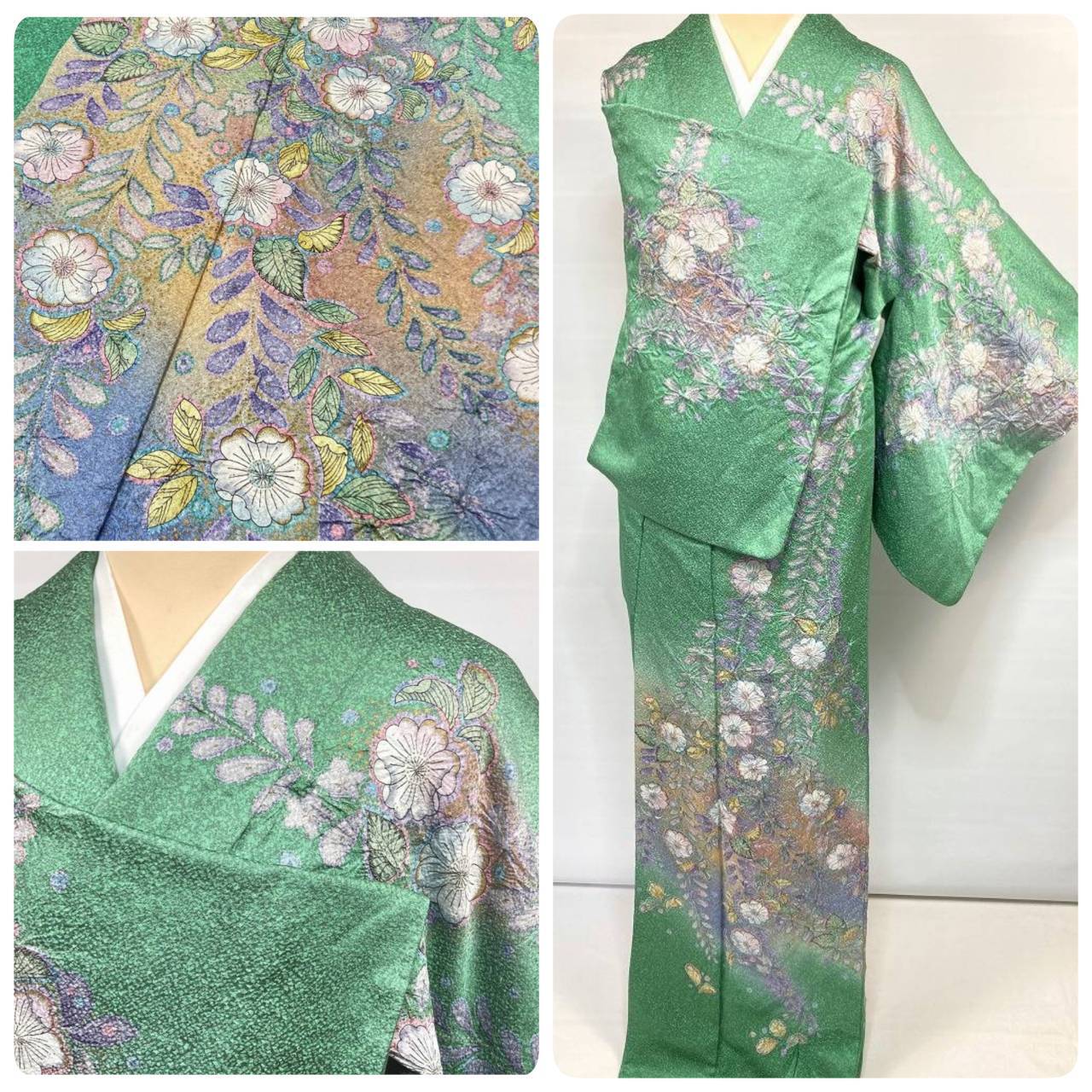 辻ヶ花　訪問着 緑系 ぼかし染め 作家 辻が花 絞り 天目染め 辻ヶ花 訪問着 袷 正絹 緑 紫 翠色 1420