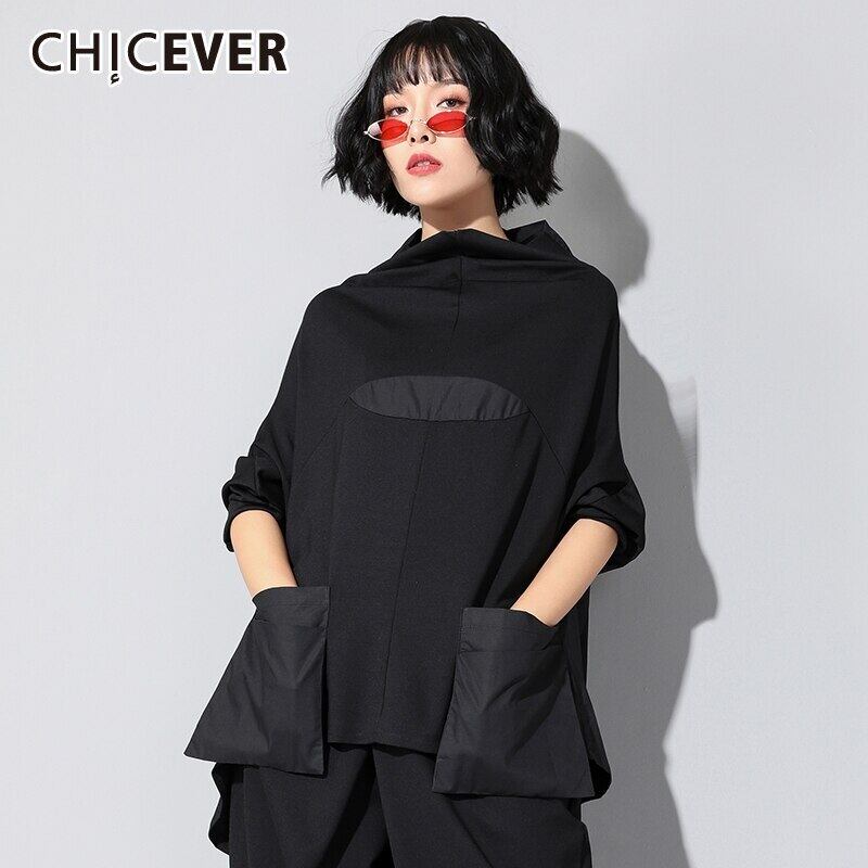 CHICEVERパッチワークレディースTシャツタートルネック長袖ヒットカラー非対称バットウィングTシャツ2020 ロング 6base581447357264