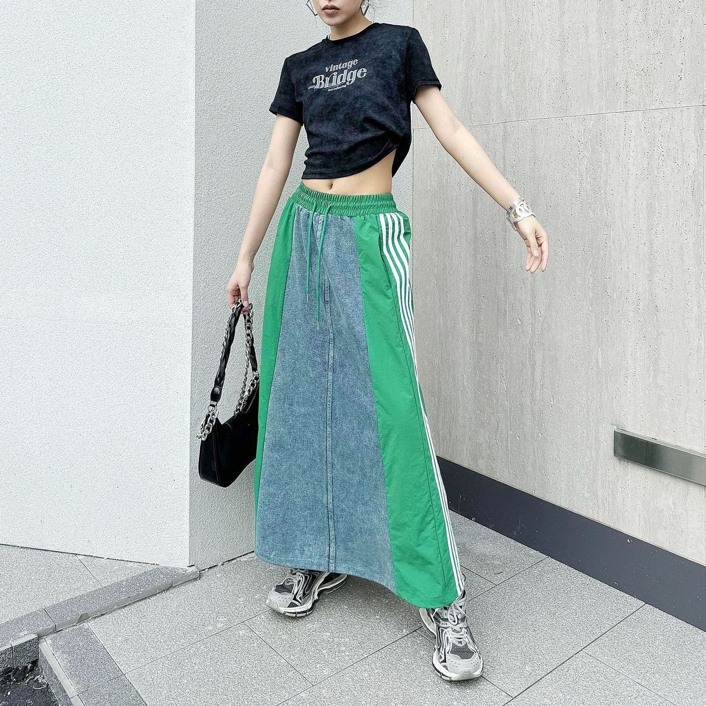 DENIM STITCH SIDE LINED A-LINE LONG CASUAL SKIRT 3colors M-9358