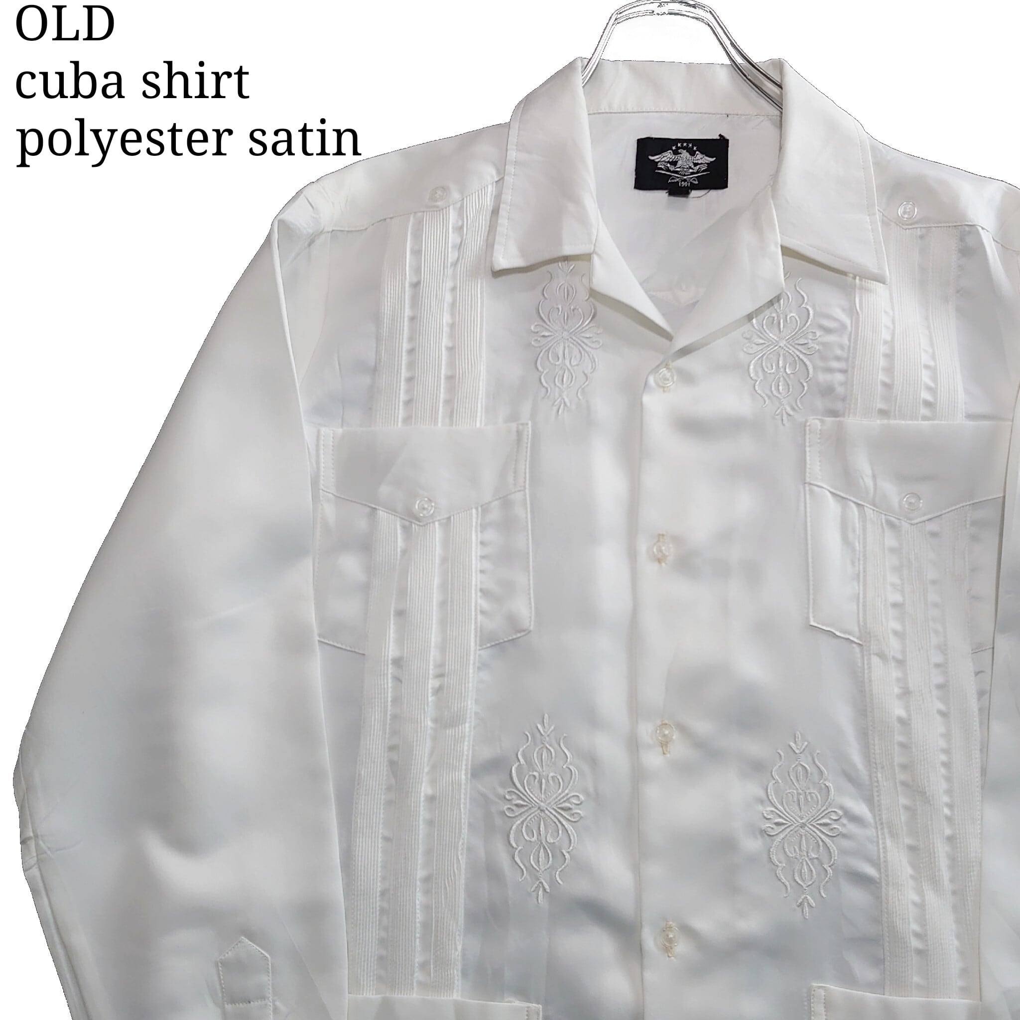 サテン】cuba shirt キューバシャツ ホワイト 開襟シャツ 刺繍 サテン】cuba shirt キューバシャツ ホワイト 開襟シャツ 刺繍