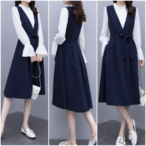 Vネックワンピース レディーススカート  無地 深Vネック 膝丈 ミディ丈 きれいめ シンプル レディースワンピース ママスカート 30代 大きいサイズ ゆったり ウエストリボン ベストワンピース