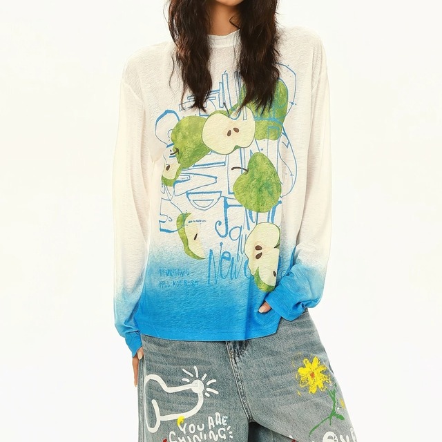 アップルグラフィックグラデーションロングTシャツ 2col R02582