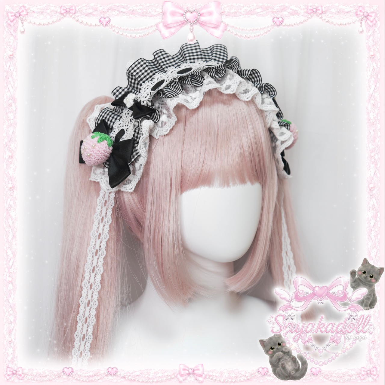 ♡【Sayakadoll original】【受注生産】 いちごとお花のパステルギンガムチェック柄 フリルレースリボンヘッドドレス cherry pink ♡