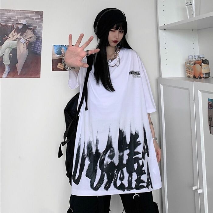 スタイルTシャツ ルーズプリントトップス ダークブラックカジュアル ストリート 大きめサイズ かわいい ケッペル69374015157