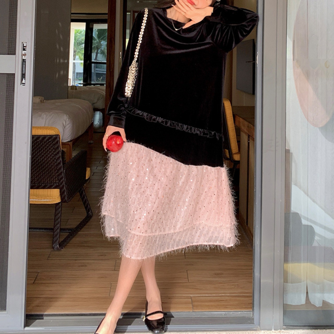 Black Velvet Patchwork Long Dress 5019